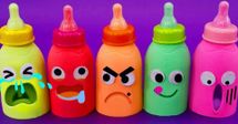 a row of bottles with funny face