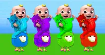 The babies are riding on colorful sheep.